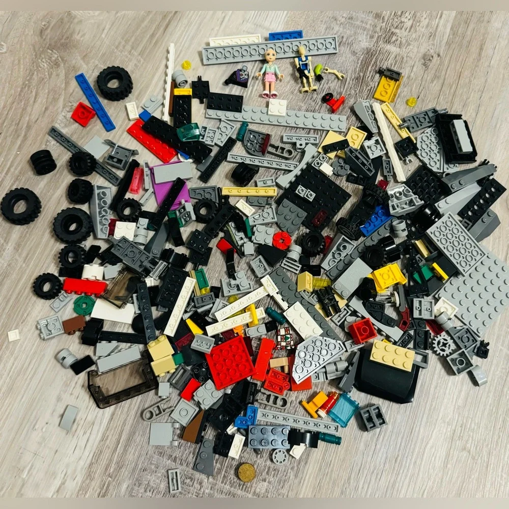 0.697 lbs. Net weight of small Lego bricks. Various parts and pieces. There are